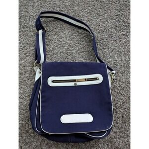 Vintage John Romain Purse Shoulder Bag Blue Canvas White Leather Trim